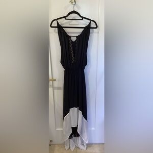 Black Silk High to Low Dress with Gold Embroidery.  Size M.